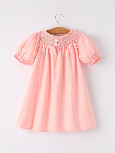 Girls Horse Smocking Embroidered Coral Dress