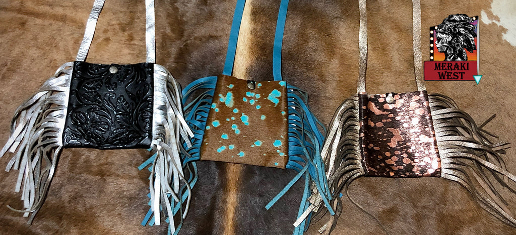 Ships Today Acid Wash Cowhide Leopard and Fringe Bag